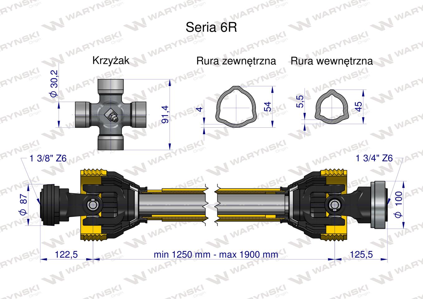Wał przegubowo-teleskopowy 1250-1900mm 830Nm Z6 - 1 3/4 CE 2020 seria 6R Waryński