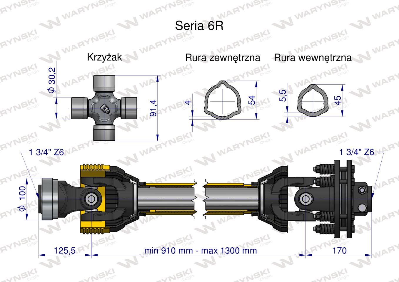 Wał przegubowo-teleskopowy 910-1300mm 830Nm Z6 - 1 3/4 z drugiej strony sprzęgło cierne 1700Nm Z6 - 1 3/4 CE CE 2020 seria 6R Waryński