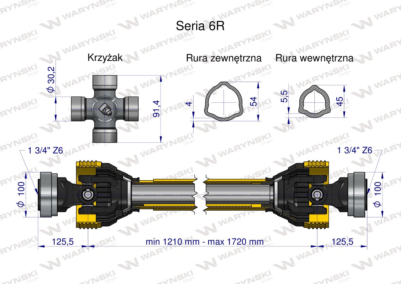 Wał przegubowo-teleskopowy 1210-1720mm 830Nm Z6 - 1 3/4 z dwóch stron CE 2020 seria 6R Waryński