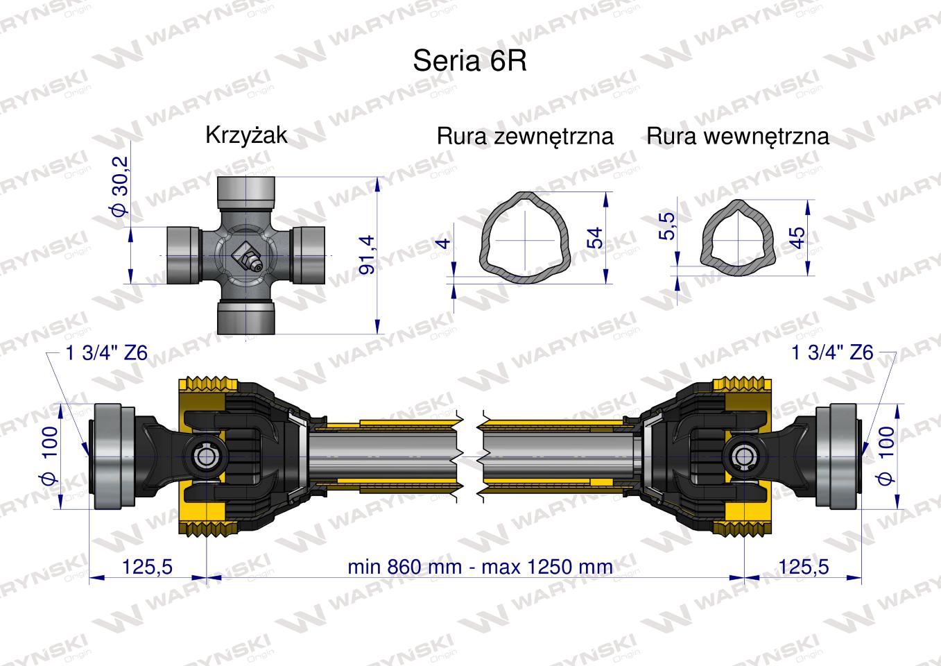 Wał przegubowo-teleskopowy 860-1250mm 830Nm Z6 - 1 3/4 z dwóch stron CE 2020 seria 6R WARYŃSKI