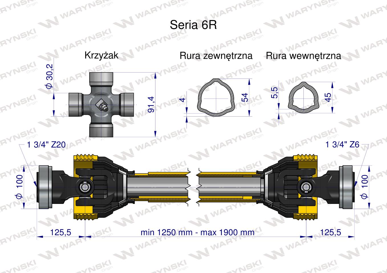 Wał przegubowo-teleskopowy 1250-1900mm 830Nm Z20 - 1 3/4  z drugiej stron Z6 - 1 3/4 CE 2020 seria 6R Waryński