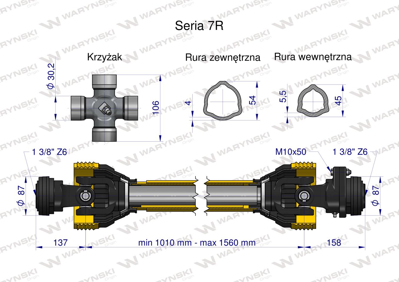 Wał przegubowo-teleskopowy 1010-1560mm 970Nm sprzęgło z kołkiem 2200Nm CE 2020 seria 7R Waryński