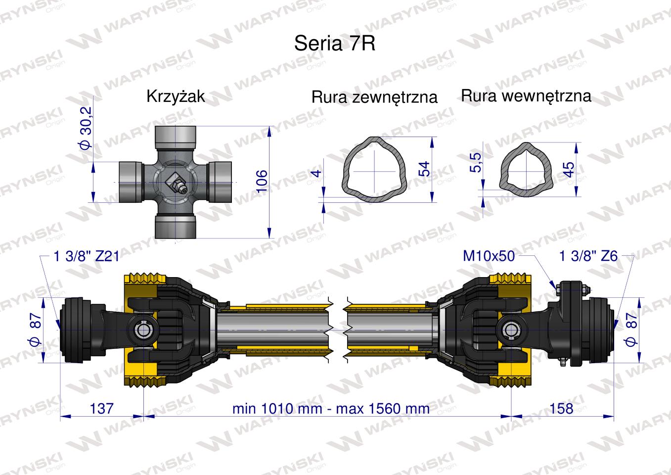 Wał przegubowo-teleskopowy 1010-1560mm 970Nm Z21 z drugiej strony sprzęgło z kołkiem 2200Nm CE 2020 seria 7R Waryński