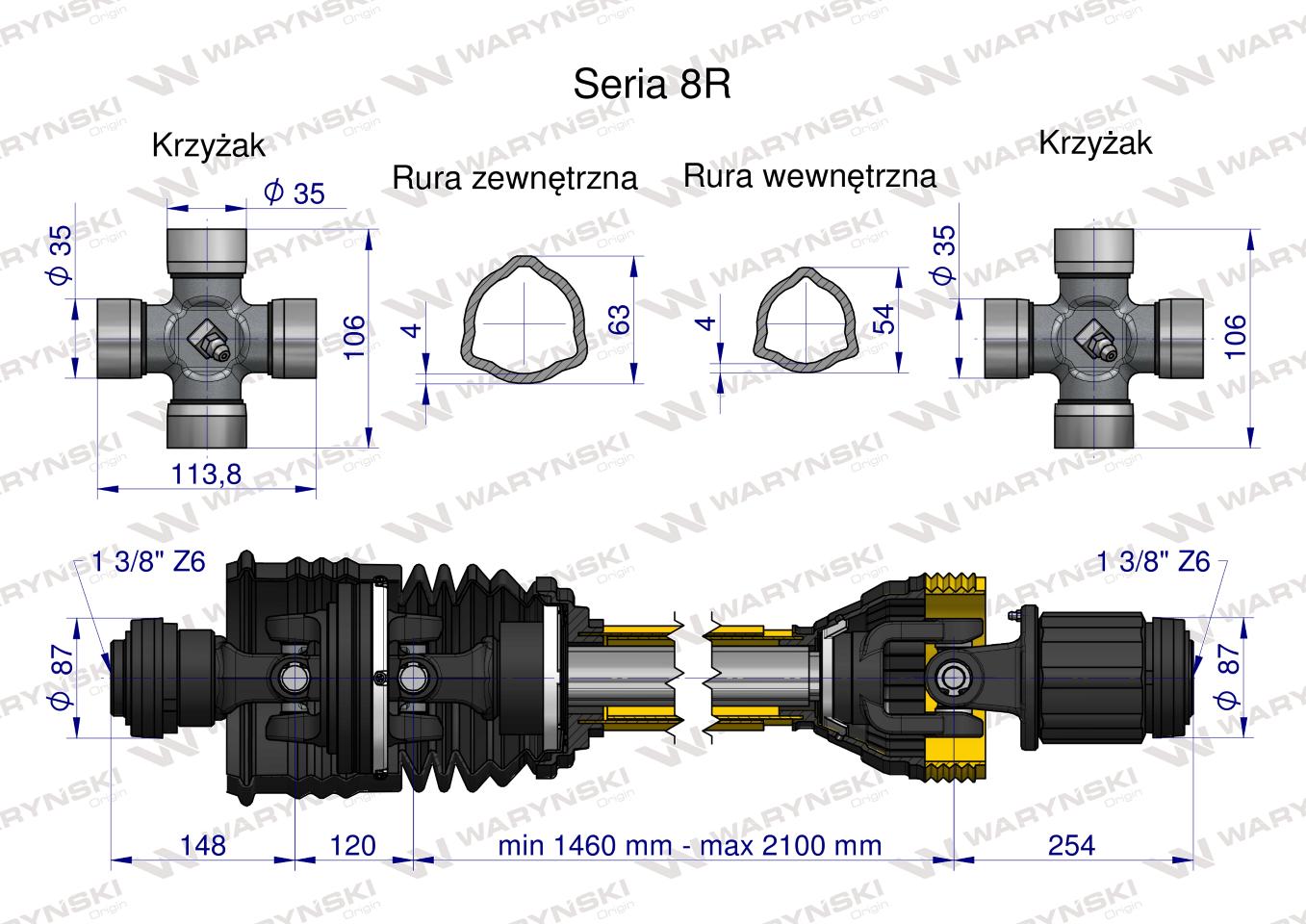 Wał, przegubowo-teleskopowy 1460-2100mm 1240Nm szerokokątny z drugiej strony sprzęgło zapadkowe 1700Nm CE 2020 seria 8R, Waryński