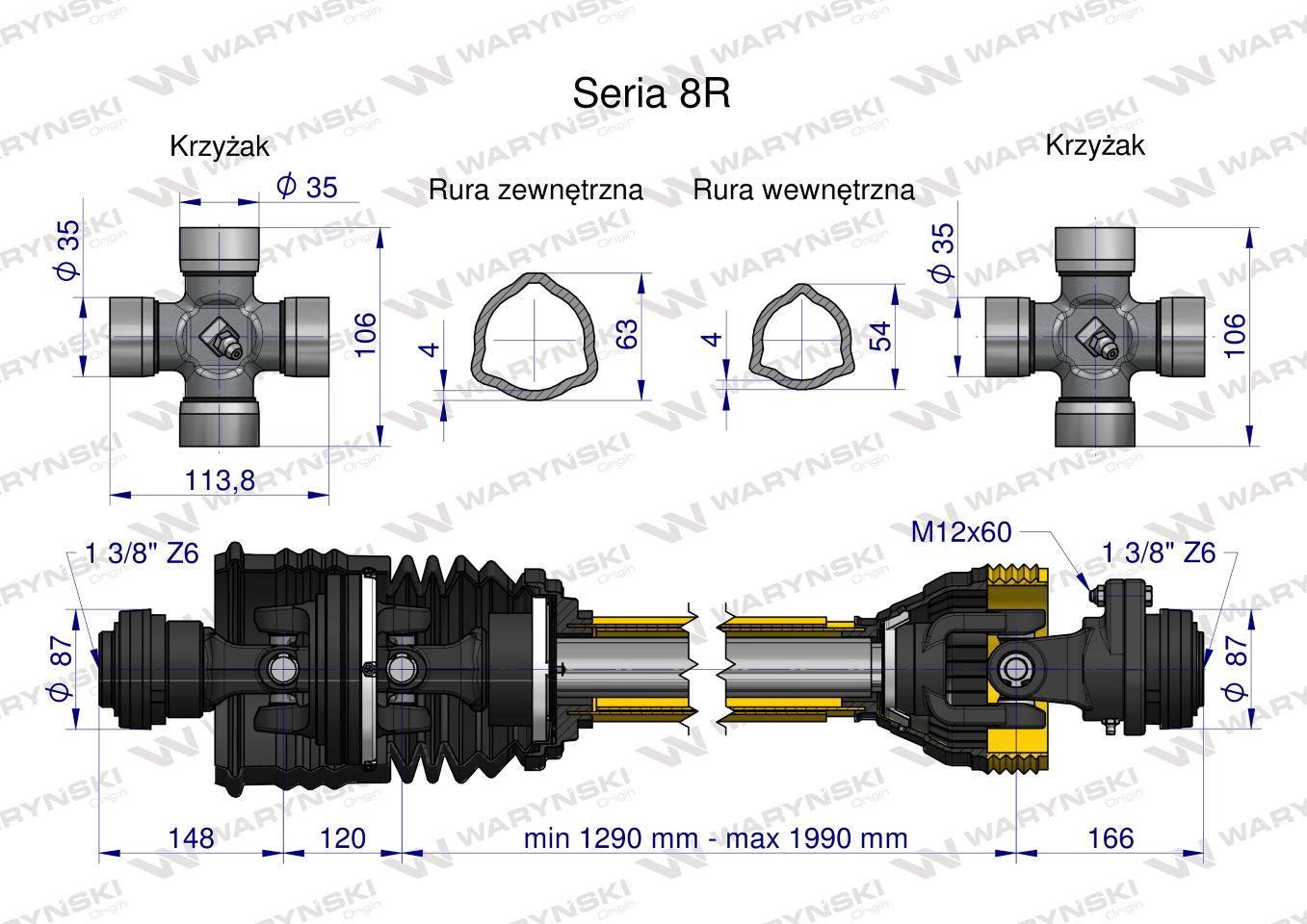Wał, przegubowo-teleskopowy 1290-1990mm 1240Nm szerokokątny z drugiej strony sprzęgło z kołkiem 3000Nm CE 2020 seria 8R, Waryński