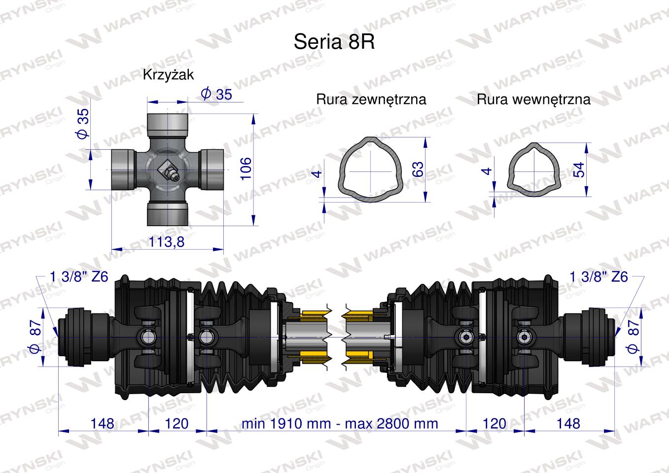 Wał przegubowo-teleskopowy 1910-2800mm 1240Nm szerokokątny z dwóch stron CE 2020 seria 8R Waryński