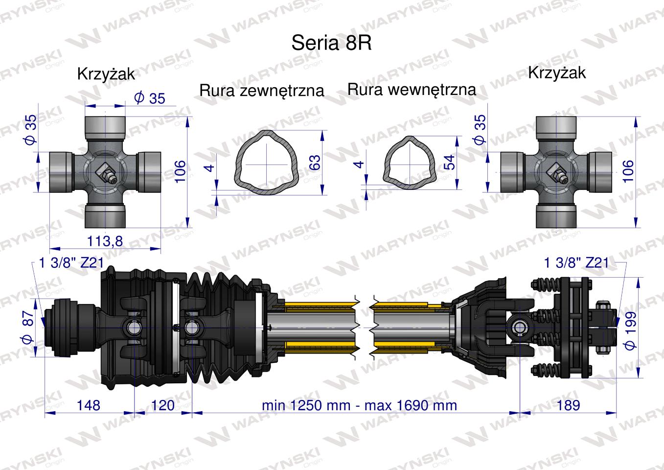 Wał przegubowo-teleskopowy 1250-1690mm 1240Nm szerokokątny Z21 z drugiej strony sprzęgło cierne 2000 Nm Z21 CE 2020 seria 8R Waryński