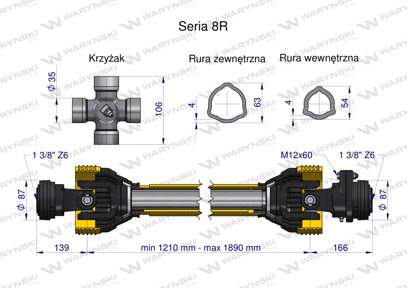 Wał przegubowo-teleskopowy 1210-1890mm 1240Nm sprzęgło z kołkiem 3000 Nm CE 2020 seria 8R Waryński
