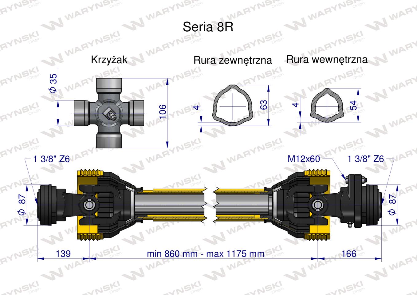 Wał przegubowo-teleskopowy 860-1175mm 1240Nm sprzęgło z kołkiem 3000 Nm CE 2020 seria 8R Waryński