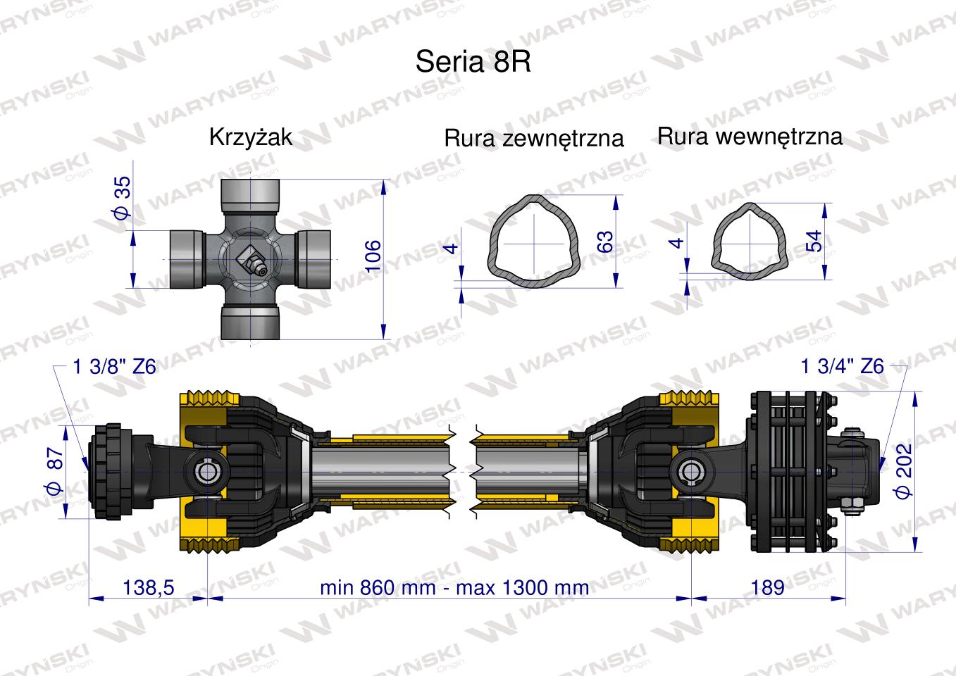 Wał, przegubowo-teleskopowy 860-1300mm 1240Nm sprzęgło cierne tarczowe 1700Nm Z6 - 1 3/4 CE 2020 seria 8R, Waryński