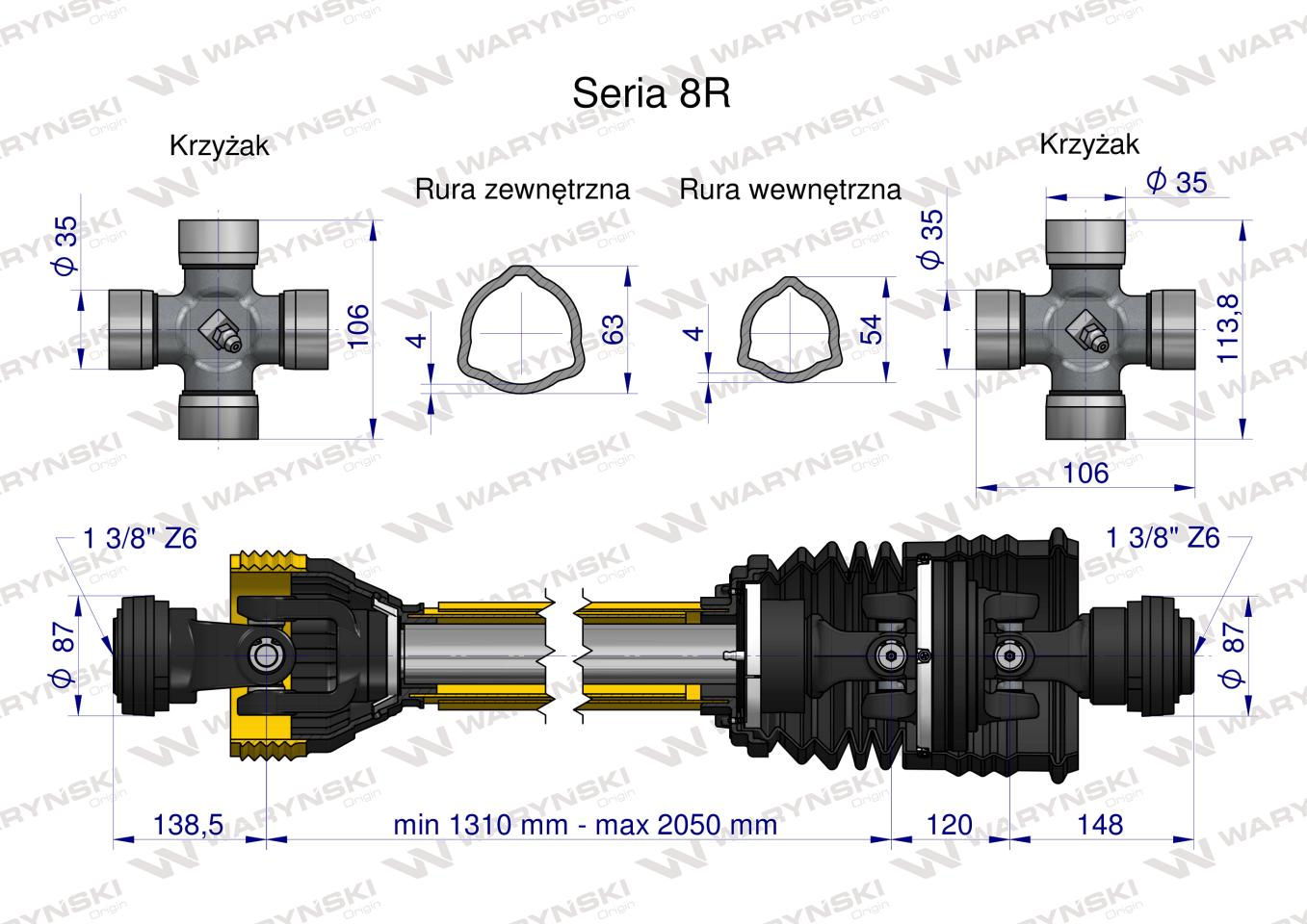 Wał przegubowo-teleskopowy 1310-2050mm 1240Nm szerokokątny CE 2020 seria 8R Waryński
