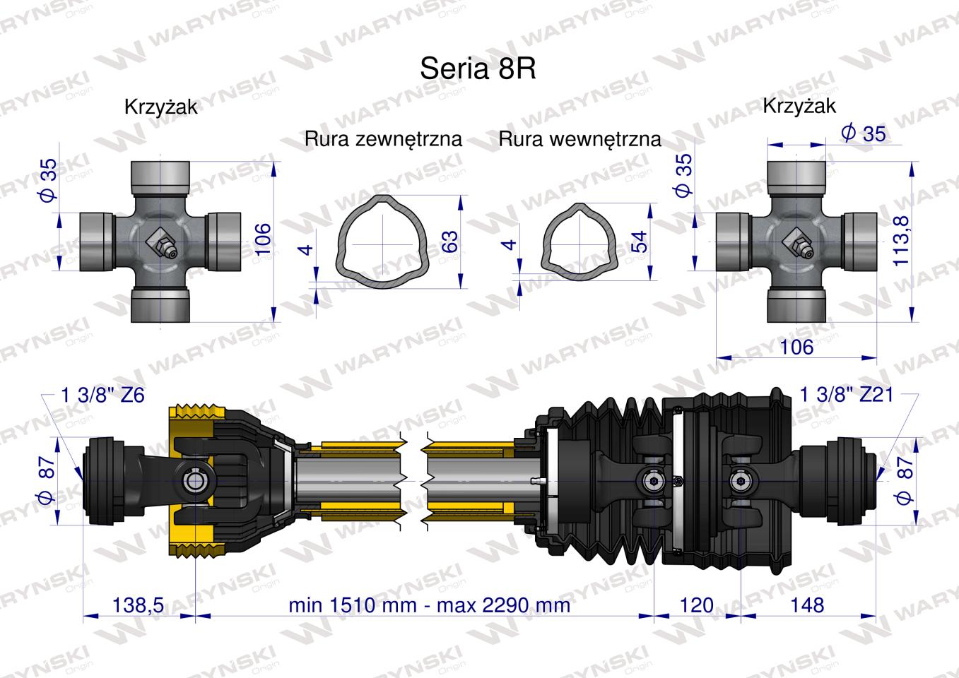 Wał przegubowo-teleskopowy 1510-2290mm 1240Nm szerokokątny Z21 CE 2020 seria 8R Waryński