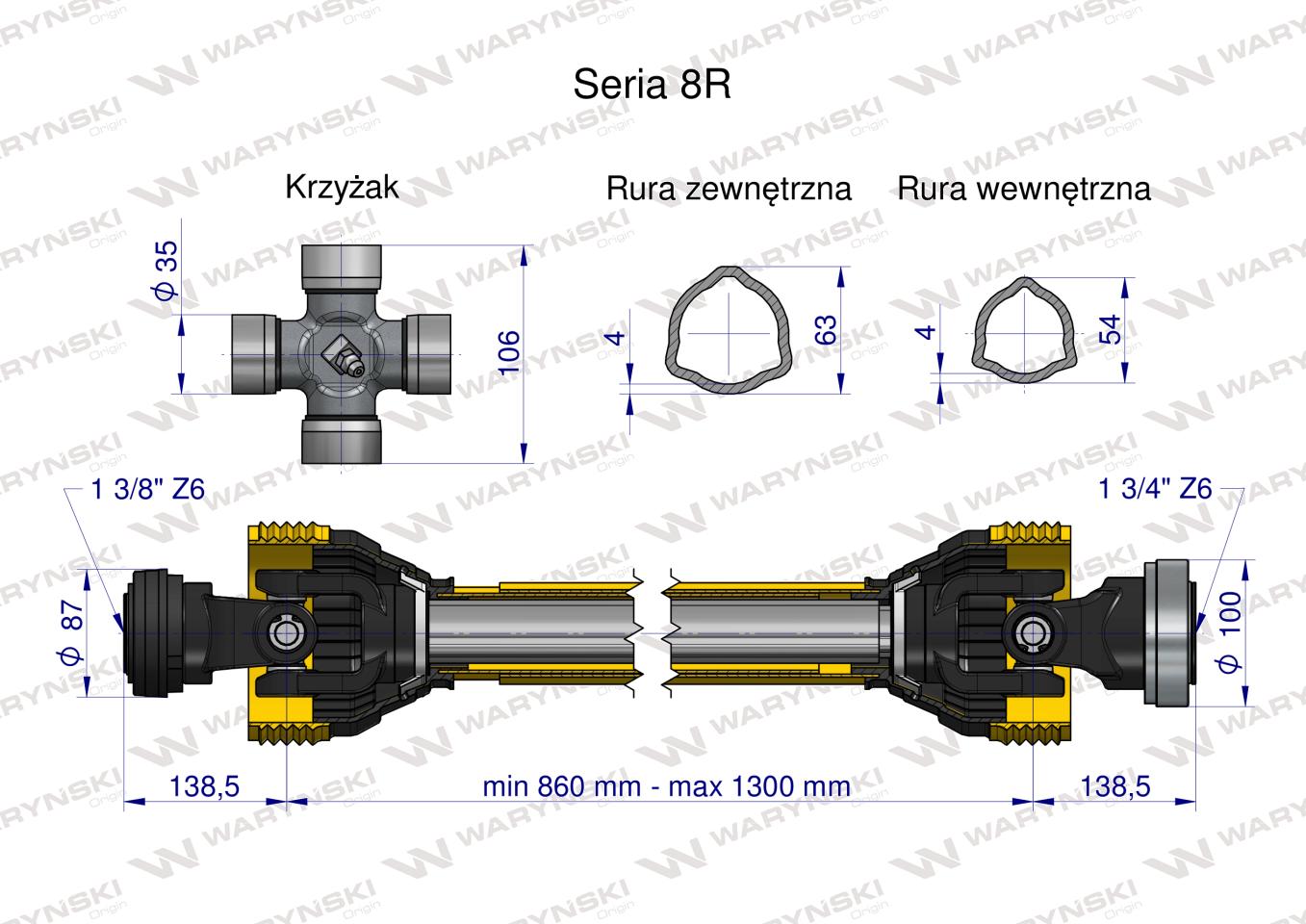 Wał przegubowo-teleskopowy 860-1300mm 1240Nm Z6 - 1 3/4 CE 2020 seria 8R Waryński