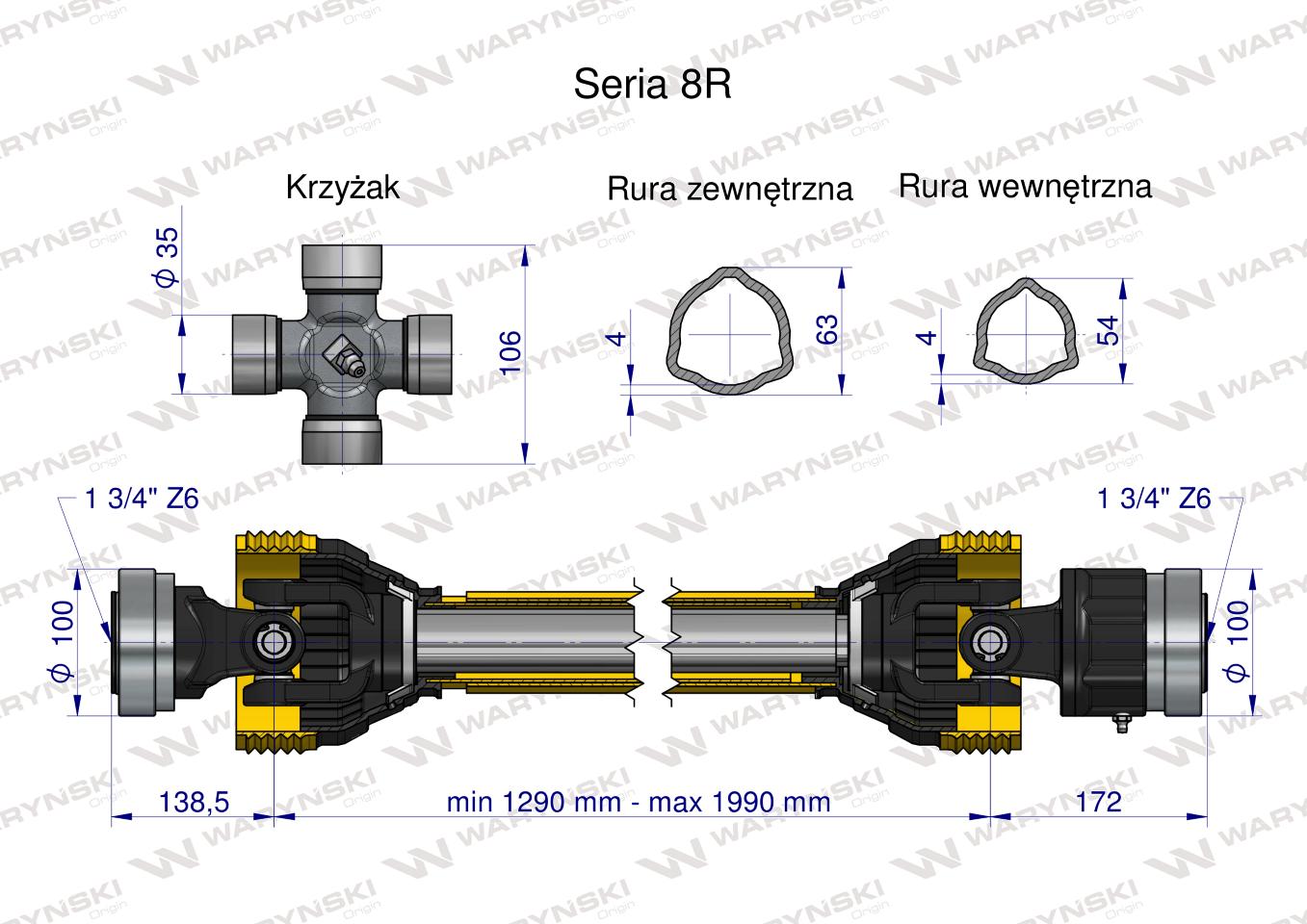 Wał, przegubowo-teleskopowy 1290-1990mm 1240Nm Z6 - 1 3/4 z drugiej strony sprzęgło jednokierunkowe Z6 - 1 3/4 CE 2020 seria 8R, Waryński