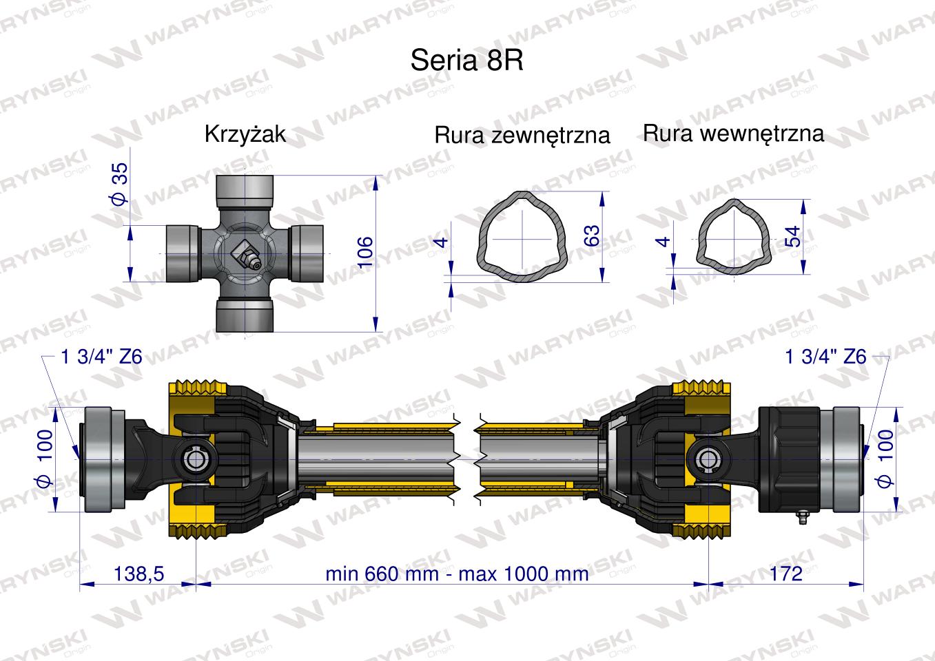 Wał, przegubowo-teleskopowy 660-1000mm 1240Nm Z6 - 1 3/4 z drugiej strony sprzęgło jednokierunkowe Z6 - 1 3/4 CE 2020 seria 8R, Waryński