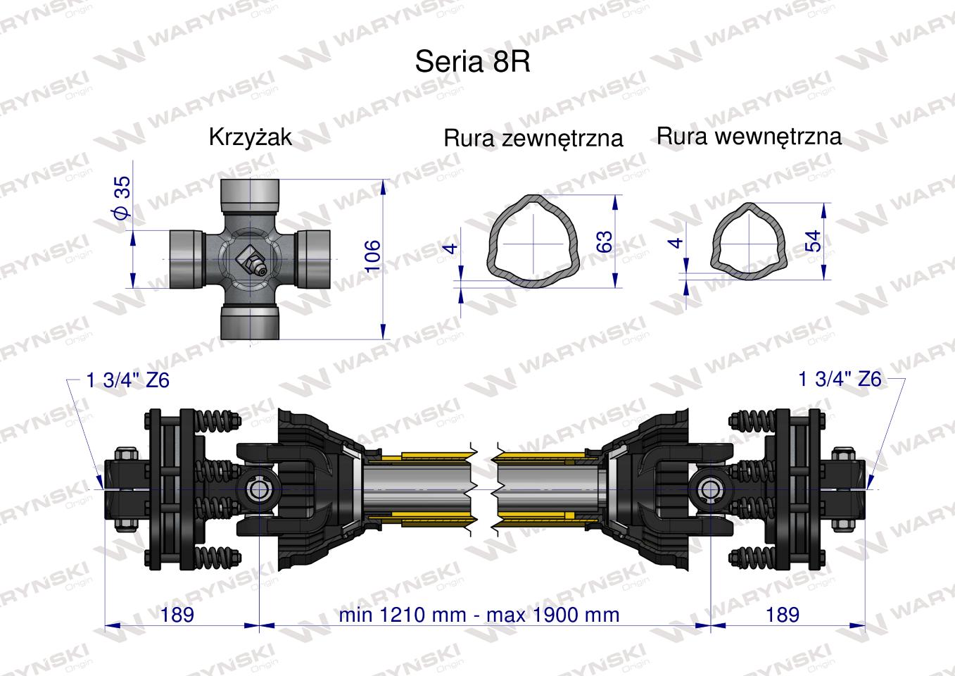 Wał przegubowo-teleskopowy 1210-1900mm 1240Nm Z6 - 1 3/4 z drugiej strony sprzęgło cierne 1700Nm Z6 - 1 3/4 CE CE 2020 seria 8R Waryński