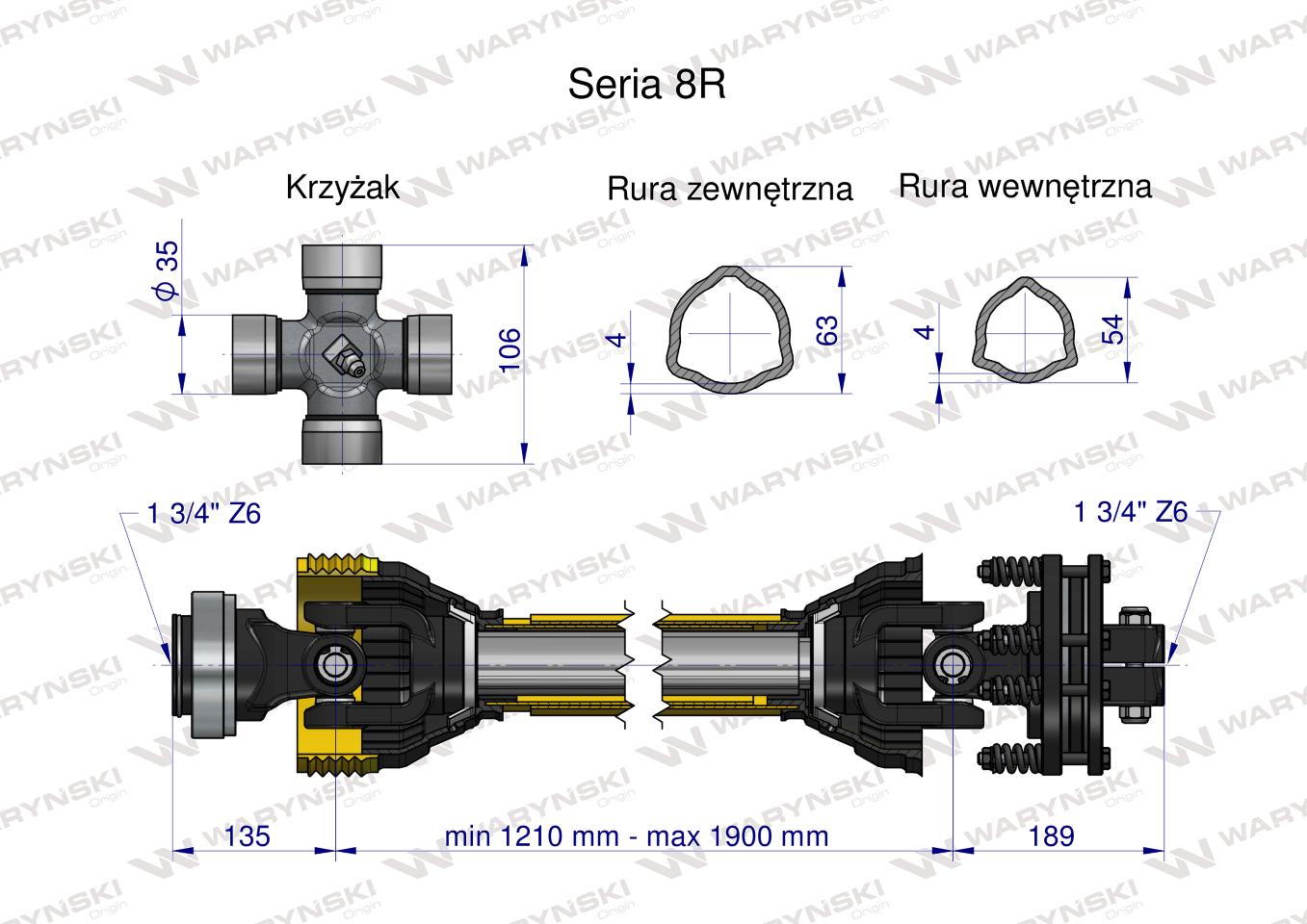 Wał przegubowo-teleskopowy 1210-1900mm 1240Nm Z6 - 1 3/4 z drugiej strony sprzęgło cierne 1700Nm Z6 - 1 3/4 CE CE 2020 seria 8R Waryński