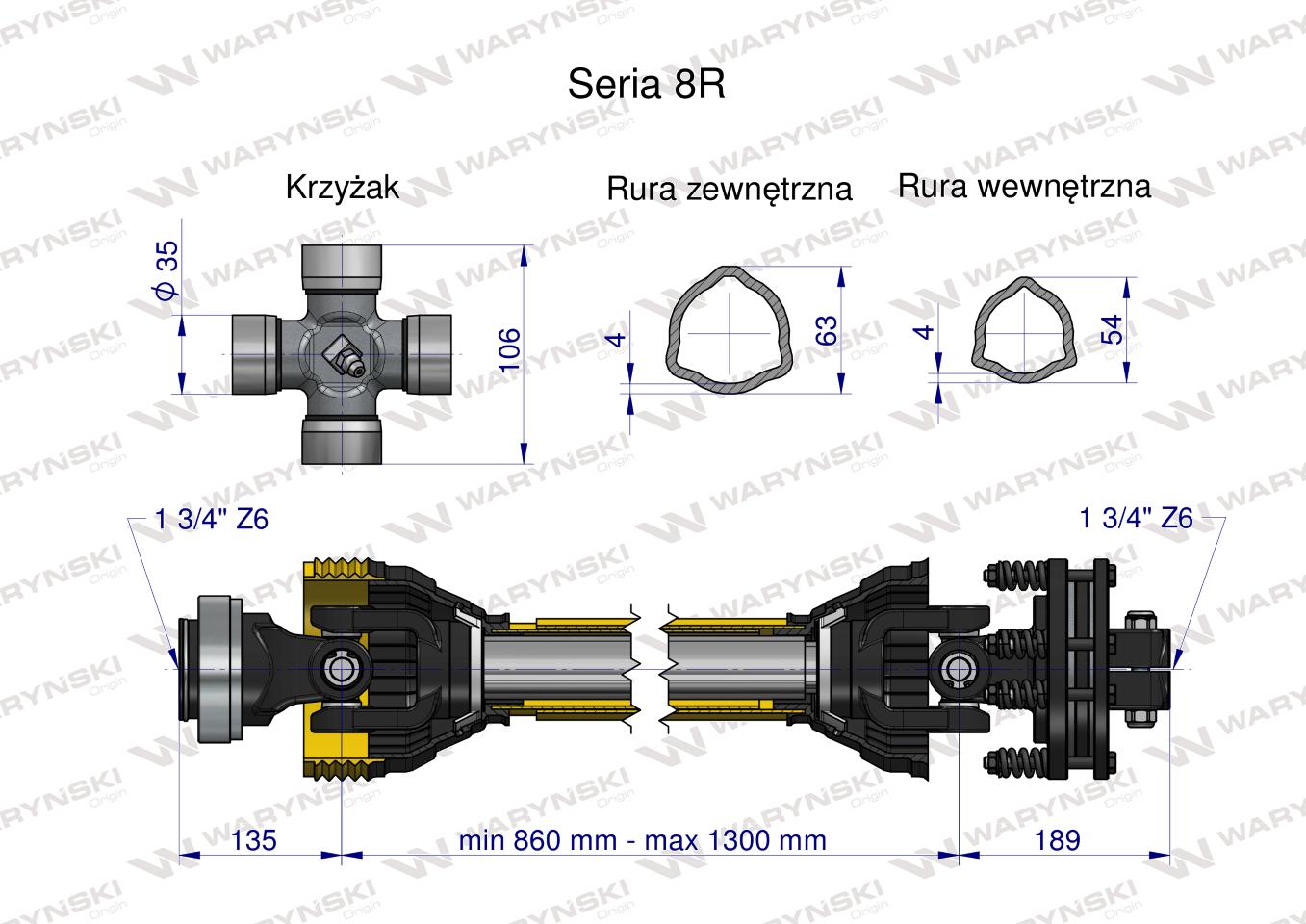 Wał przegubowo-teleskopowy 860-1300mm 1240Nm  Z6 - 1 3/4 z drugiej strony sprzęgło cierne 1700Nm Z6 - 1 3/4 CE CE 2020 seria 8R Waryński