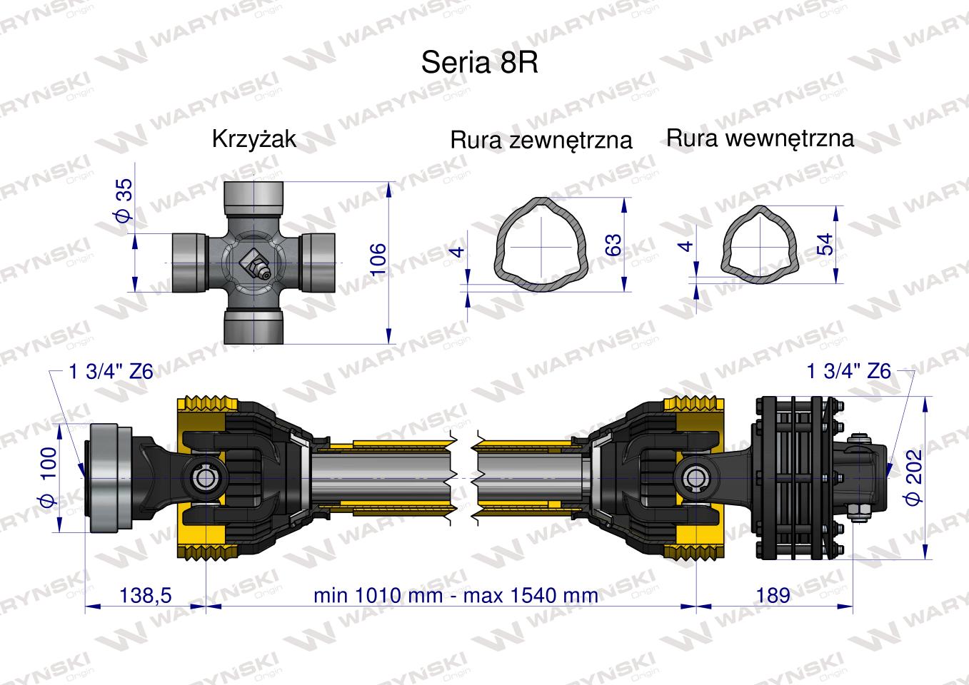 Wał, przegubowo-teleskopowy 1010-1540mm 1240Nm Z6 - 1 3/4 z drugiej strony sprzęgło cierne tarczowe 1700Nm Z6 - 1 3/4 CE CE 2020 seria 8R, Waryński