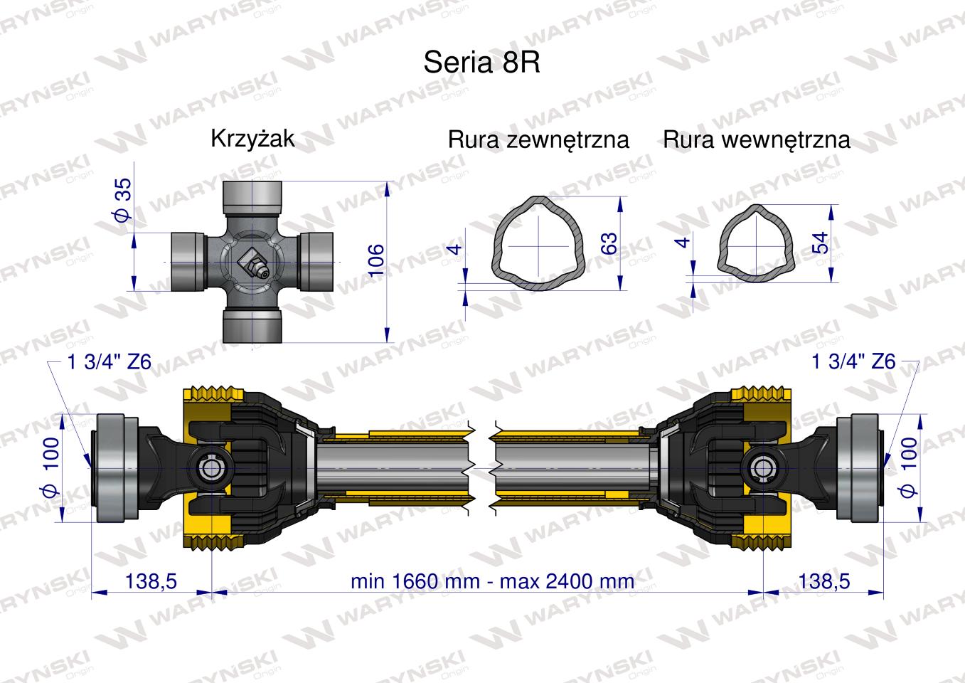 Wał, przegubowo-teleskopowy 1660-2400mm 1240Nm Z6 - 1 3/4 z dwóch stronCE 2020 seria 8R, Waryński