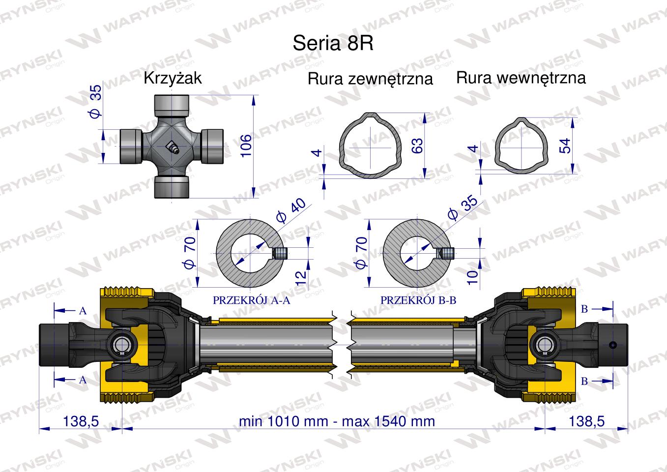 Wał, przegubowo-teleskopowy fi-35 dr. strona fi-40 1010-1540mm 1240Nm CE 2020 seria 8R, Waryński