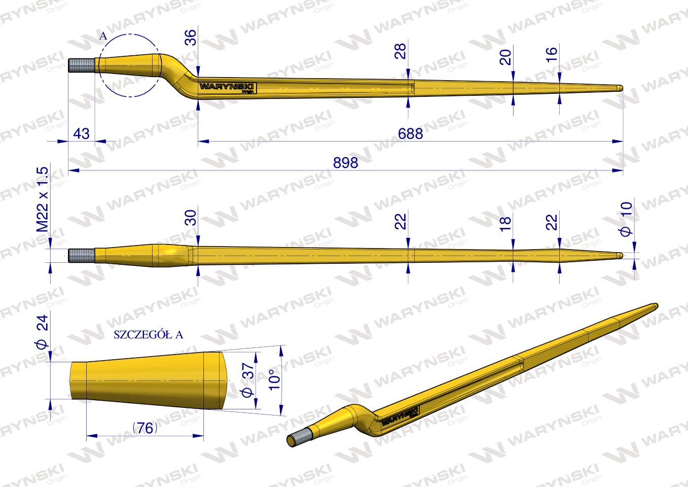 Ząb ładowacza uniwersalny Z L- 880 mm na tuleję od zębów prostych Tur WARYŃSKI
