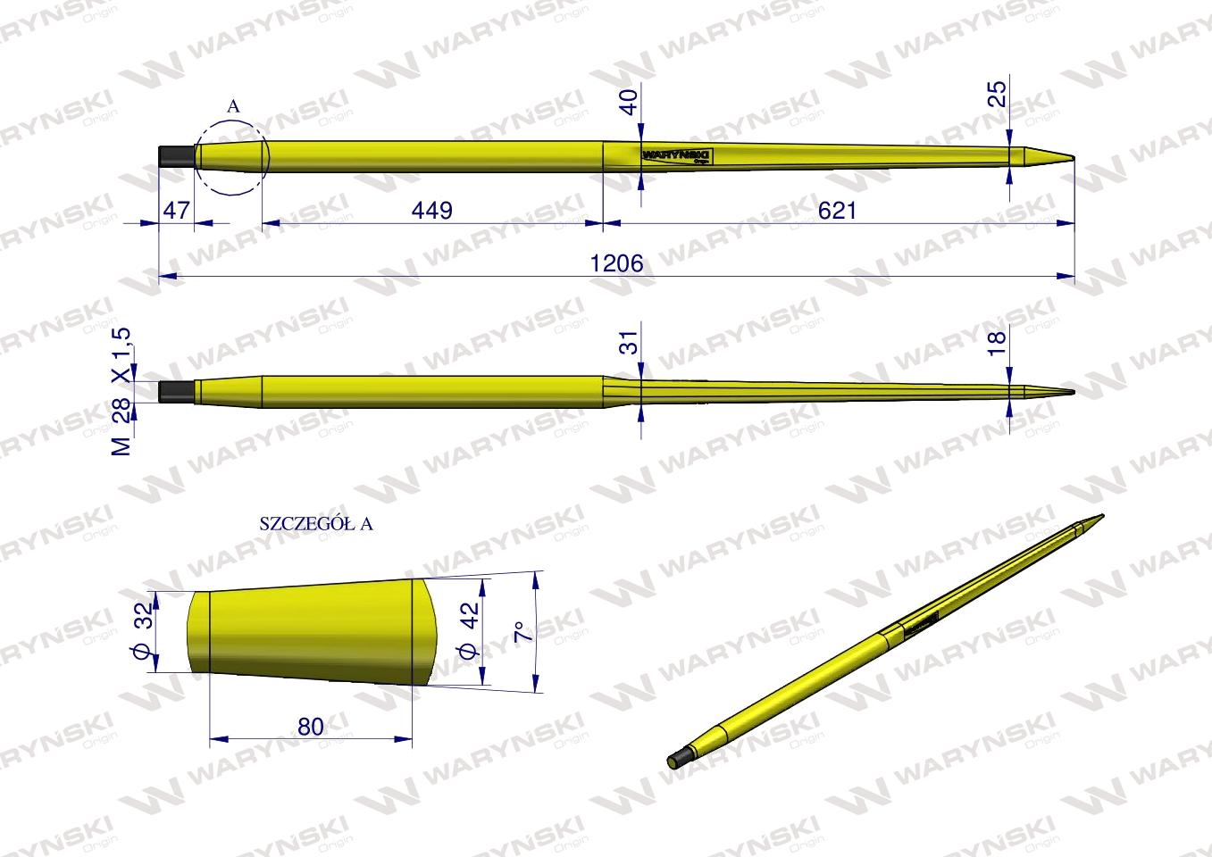 Ząb ładowacza CIĘŻKI uniwersalny prosty L- 1200 mm zastosowanie  5193-51563 Tur WARYŃSKI