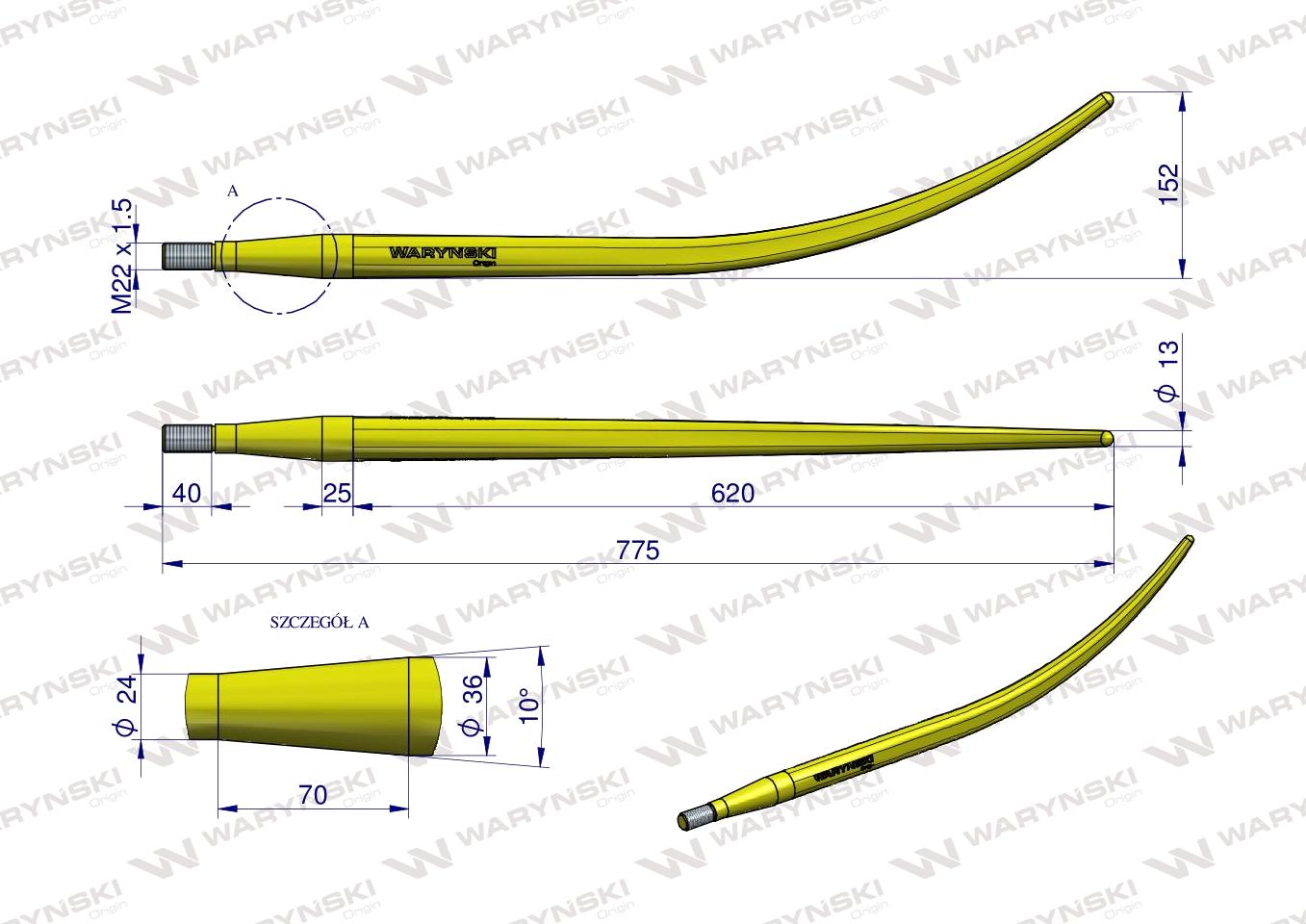 Ząb ładowacza wygięty zamykający L- 780 mm chwytak (krokodyl) Tur WARYŃSKI