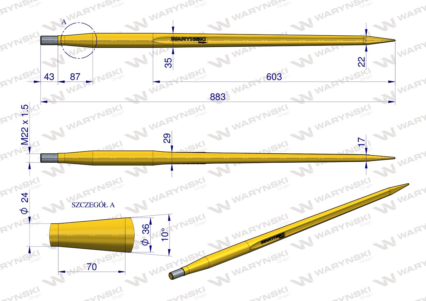 Ząb ładowacza uniwersalny prosty L- 880 mm Tur WARYŃSKI