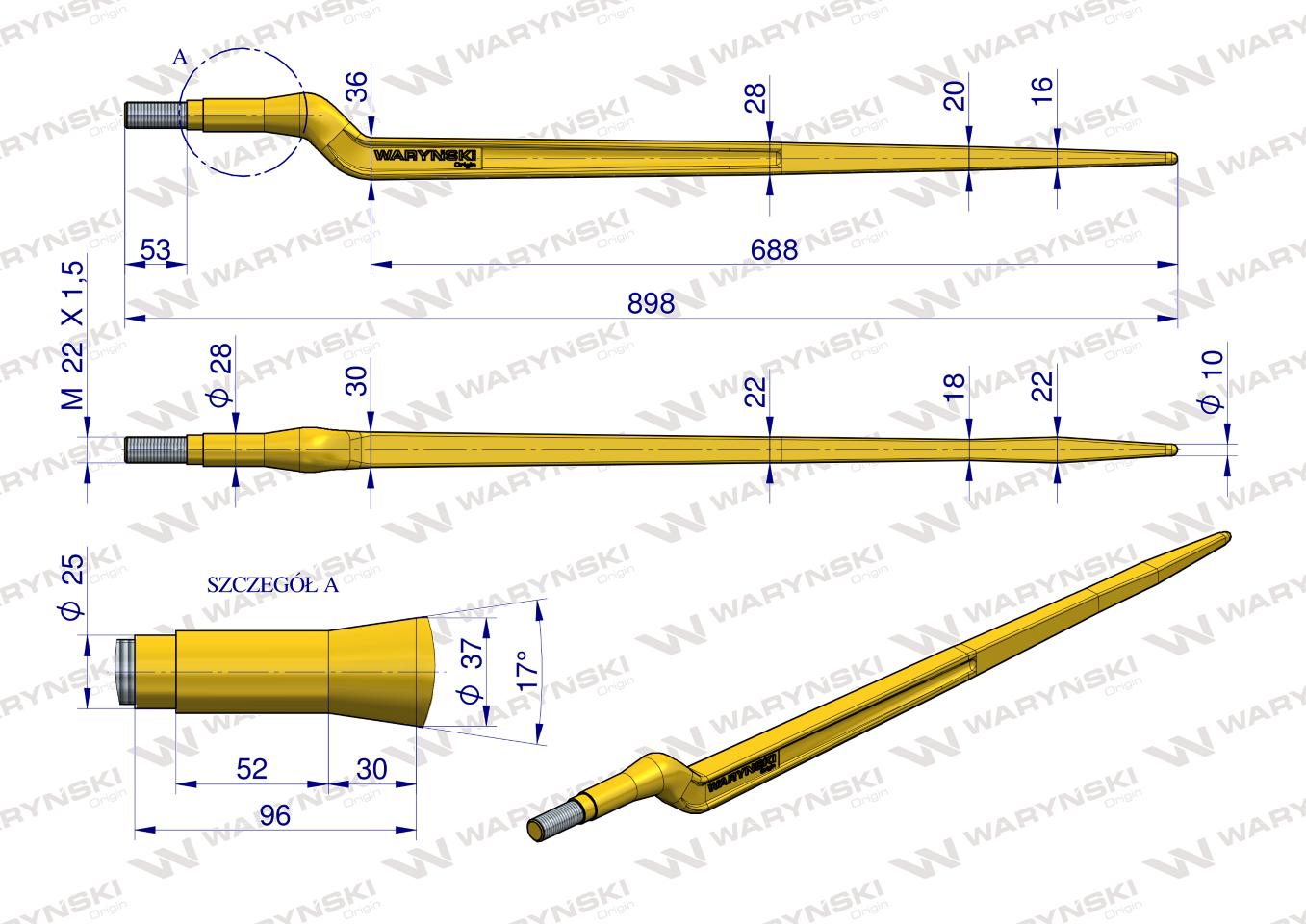 Ząb ładowacza uniwersalny Z L- 880 mm zastosowanie 5193-FT88N Tur WARYŃSKI
