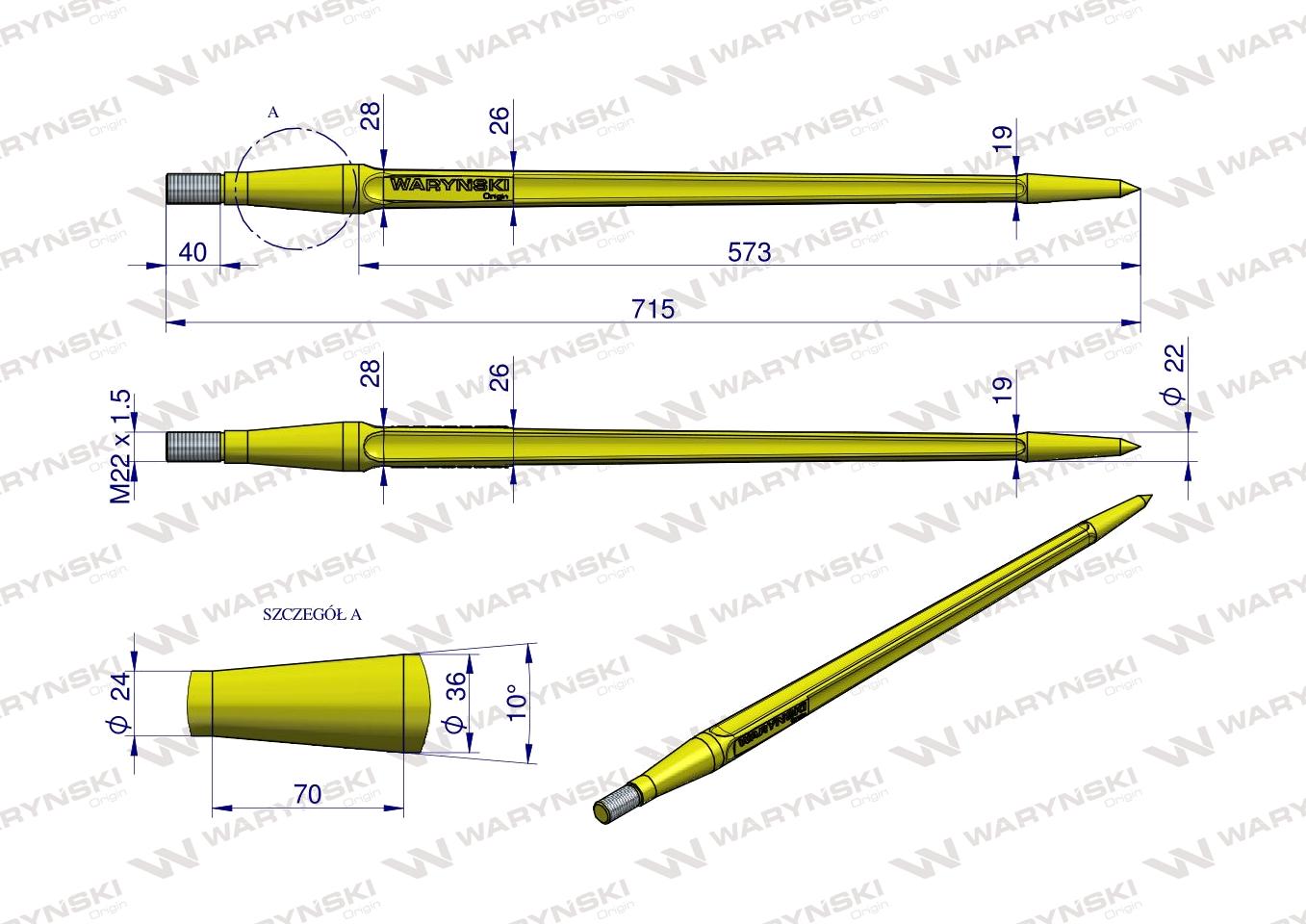 Ząb ładowacza uniwersalny prosty L- 710 mm Tur WARYŃSKI