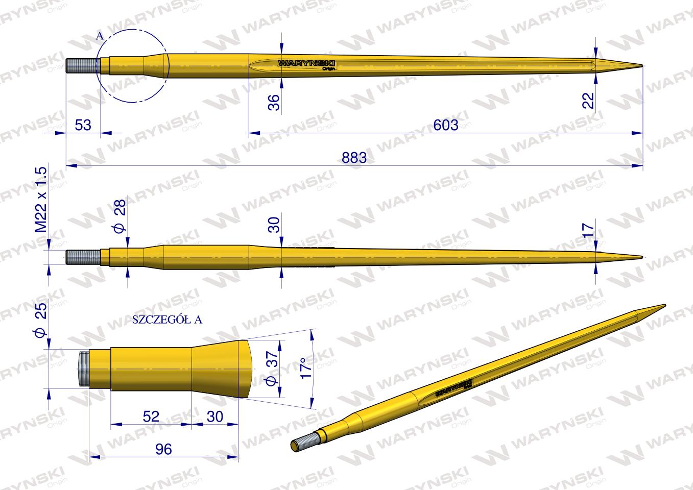 Ząb ładowacza uniwersalny prosty L- 880 mm na tuleję od zębów Z Tur WARYŃSKI