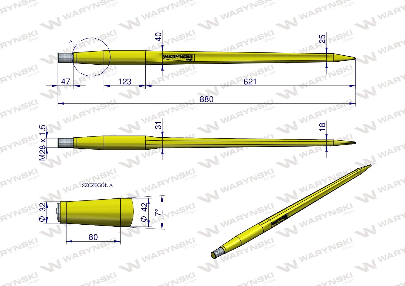 Ząb ładowacza CIĘŻKI uniwersalny prosty L- 880 mm Tur na tuleję W-5791200 WARYŃSKI