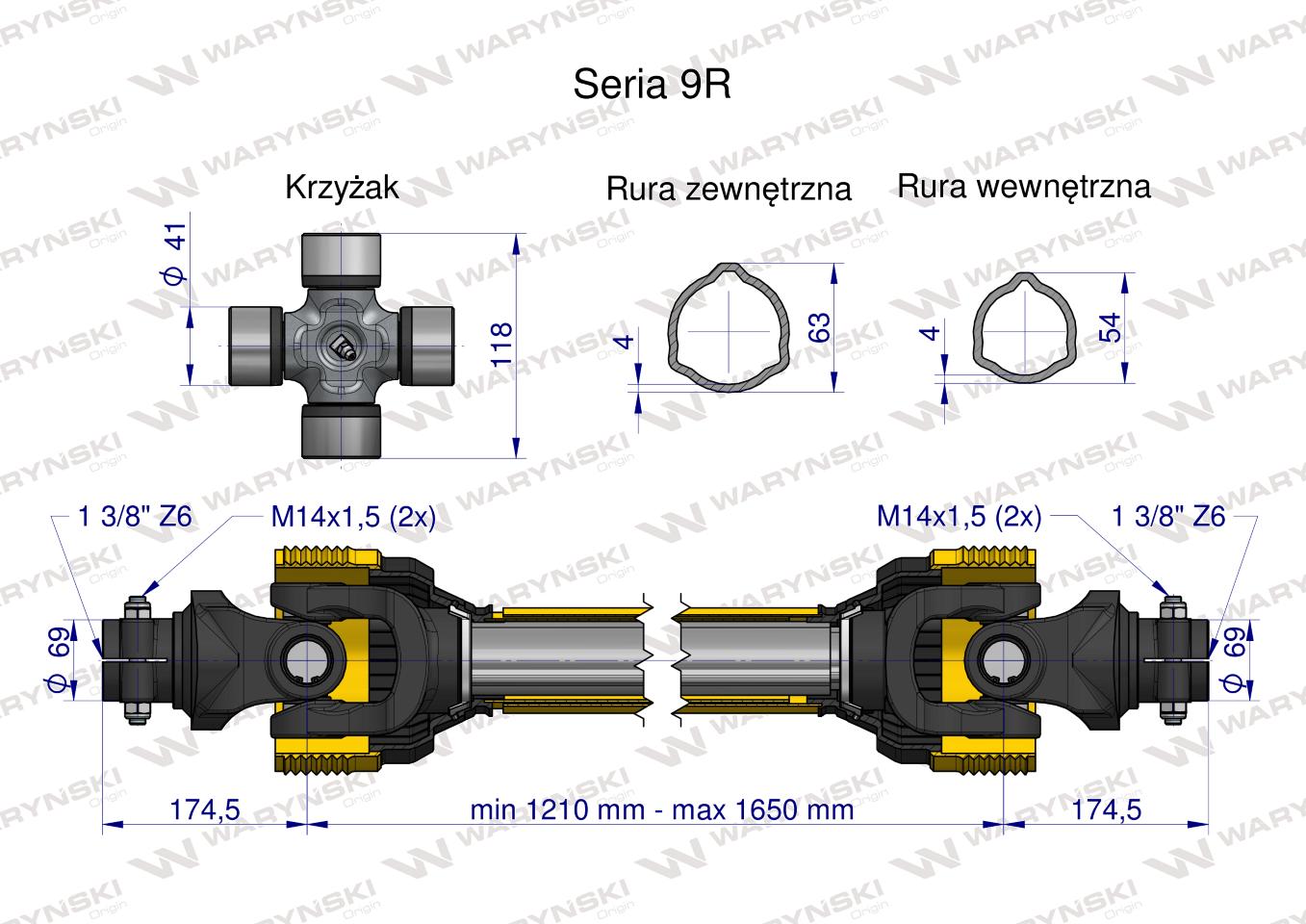 Wał przegubowo-teleskopowy 1210-1650mm 1890Nm skręcany na dwie śruby z obu stron CE 2020 seria 9R Waryński