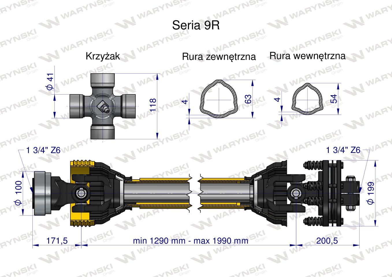 Wał, przegubowo-teleskopowy 1290-1990mm 1890Nm Z6 - 1 3/4 z drugiej strony sprzęgło cierne 2500Nm Z6 - 1 3/4 CE 2020 seria 9R, Waryński