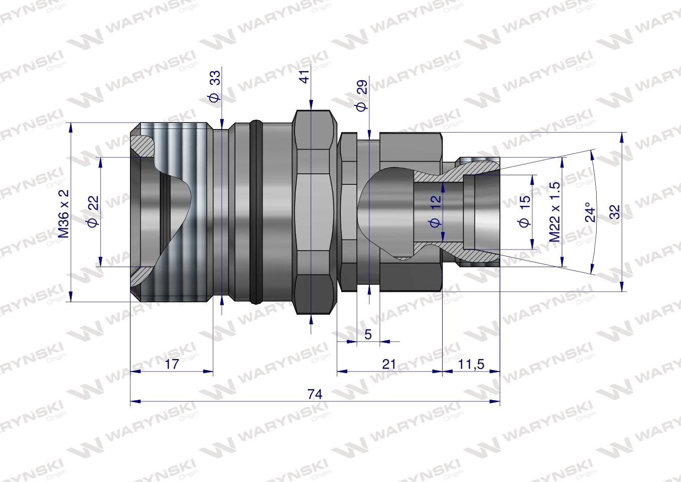 Szybkozłącze hydrauliczne skręcane gniazdo M22x1.5 gwint zewnętrzny 300bar Waryński