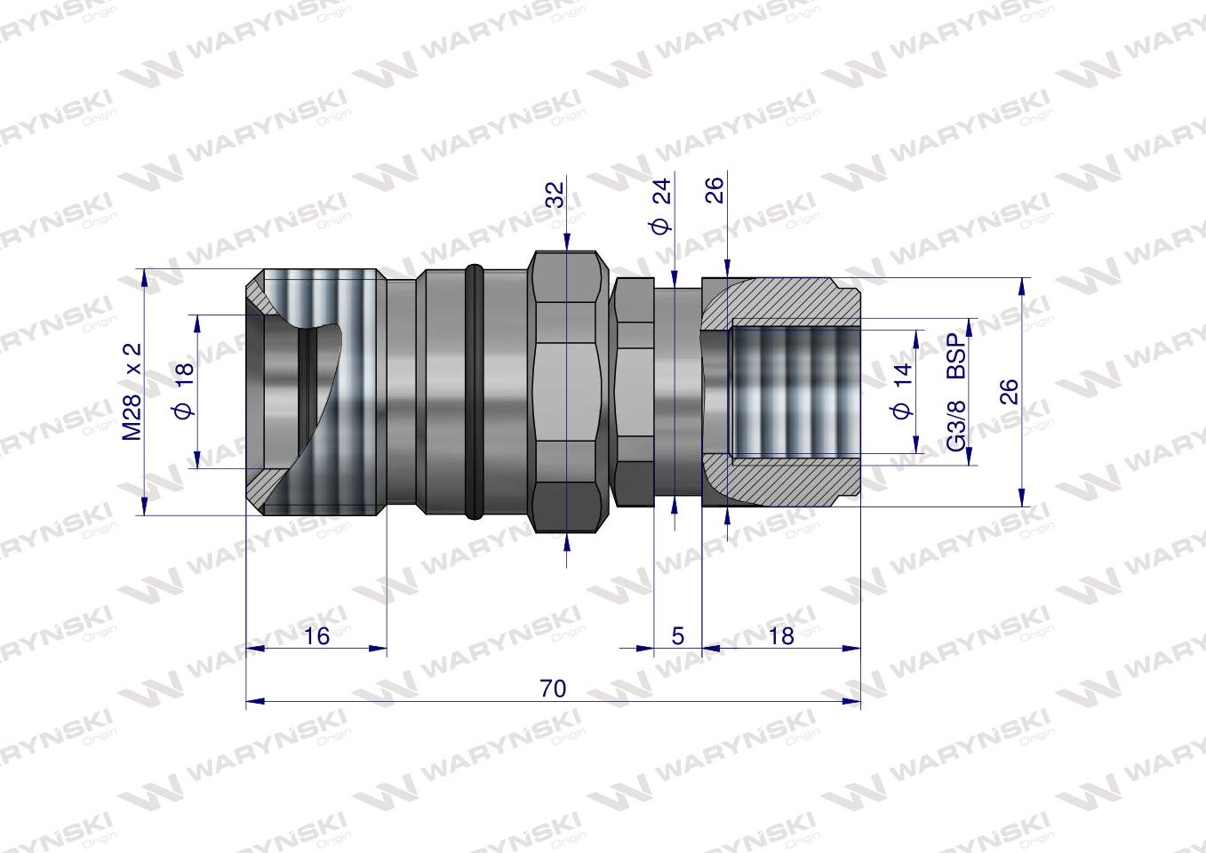 Szybkozłącze hydrauliczne skręcane gniazdo G3/8"BSP gwint wewnętrzny 300bar Waryński