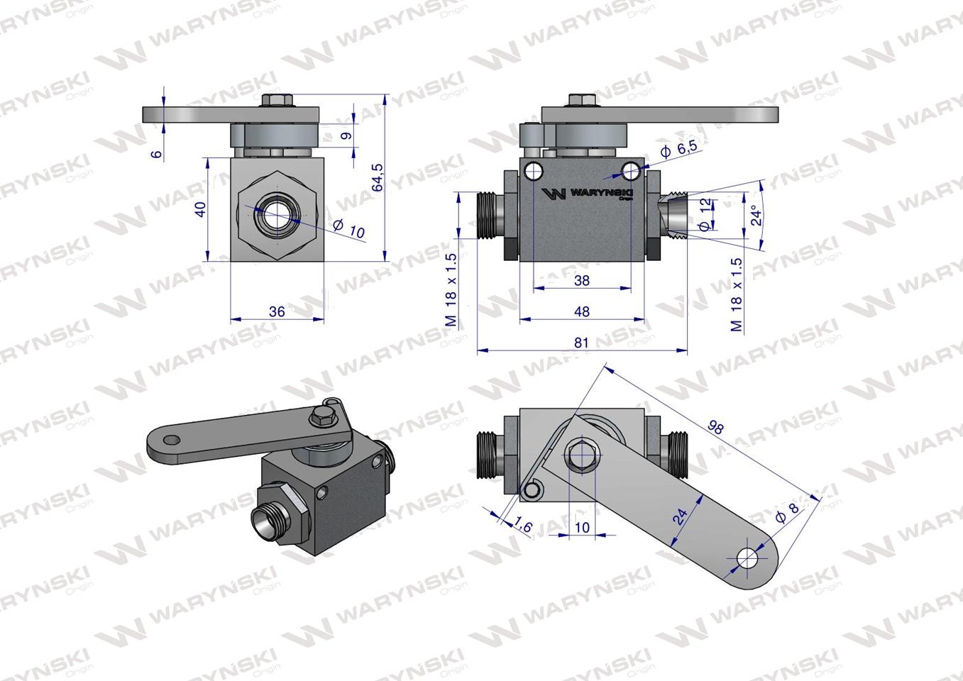 Zawór odcinająco-zwrotny (ogranicznik posuwu/skoku) 2/2 M18x1.5 12L z otworami mocującymi 350 bar Waryński