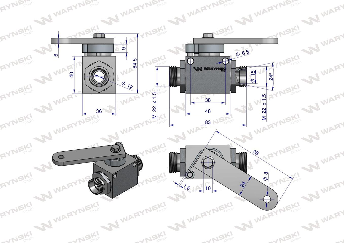 Zawór odcinająco-zwrotny (ogranicznik posuwu/skoku) 2/2 M22x1.5 15L z otworami mocującymi 350 bar Waryński