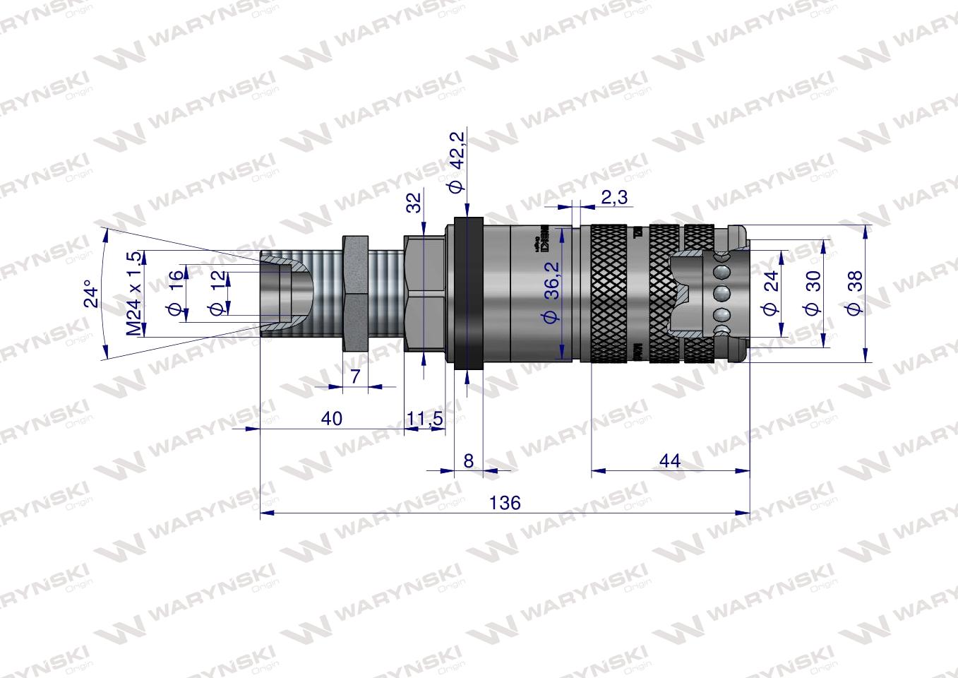 Szybkozłącze hydrauliczne zrywalne seria WIA3CV (3CFPV) 68 l/min gniazdo long M24x1.5 16S  gwint zewnętrzny LONG EURO PUSH-PULL (ISO 7241-A) Waryński