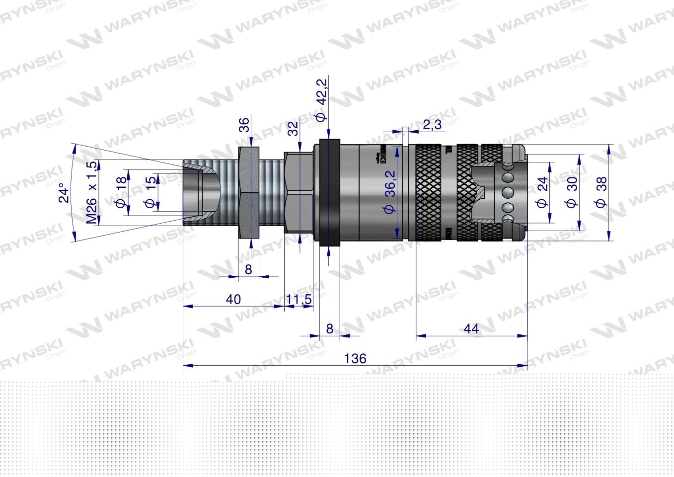 Szybkozłącze hydrauliczne zrywalne seria WIA3CV (3CFPV) 68 l/min gniazdo long M26x1.5 18L  gwint zewnętrzny LONG EURO PUSH-PULL (ISO 7241-A) Waryński