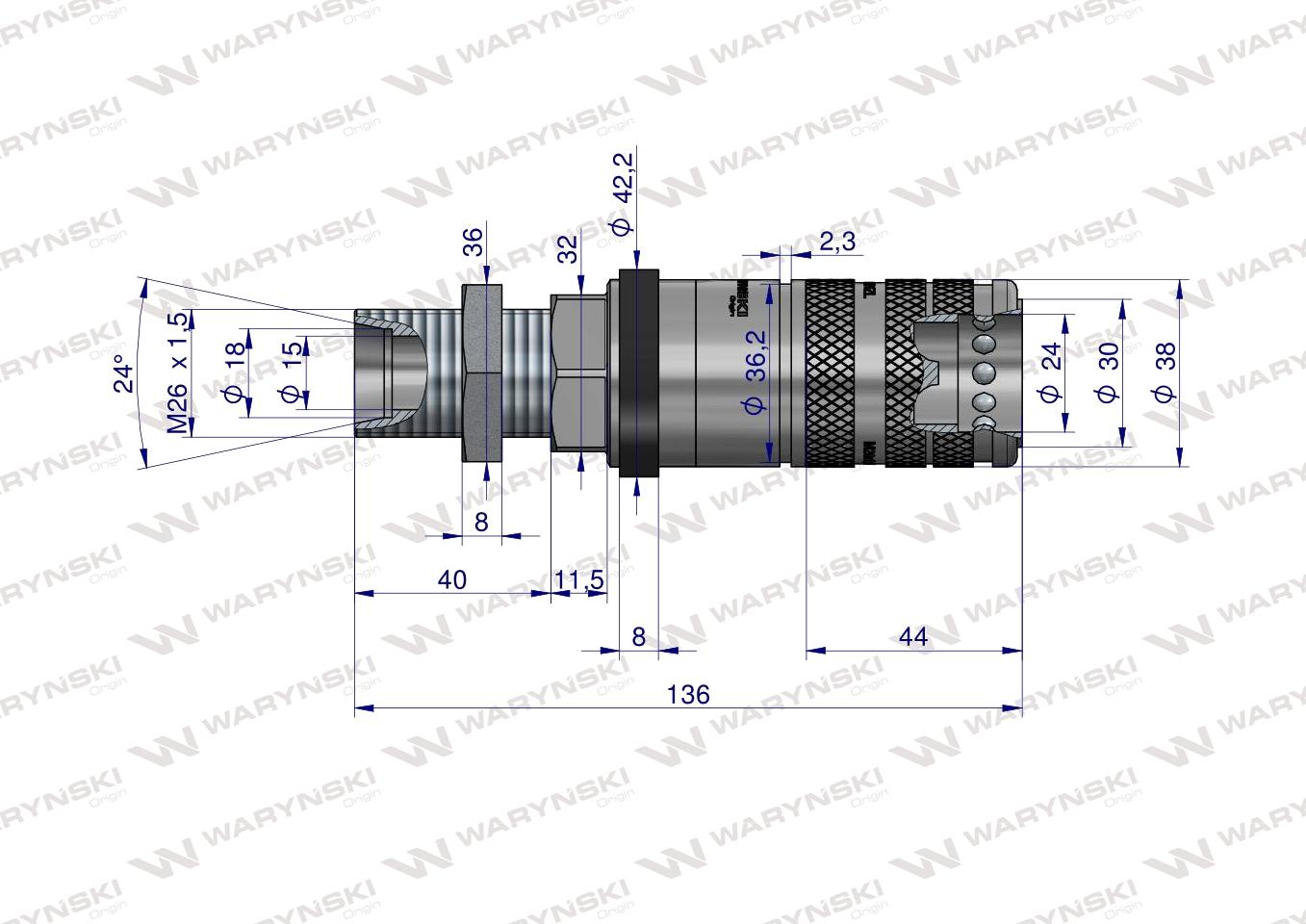 Szybkozłącze hydrauliczne zrywalne seria WIA3CV (3CFPV) 68 l/min gniazdo long M26x1.5 18L  gwint zewnętrzny LONG EURO PUSH-PULL (ISO 7241-A) Waryński