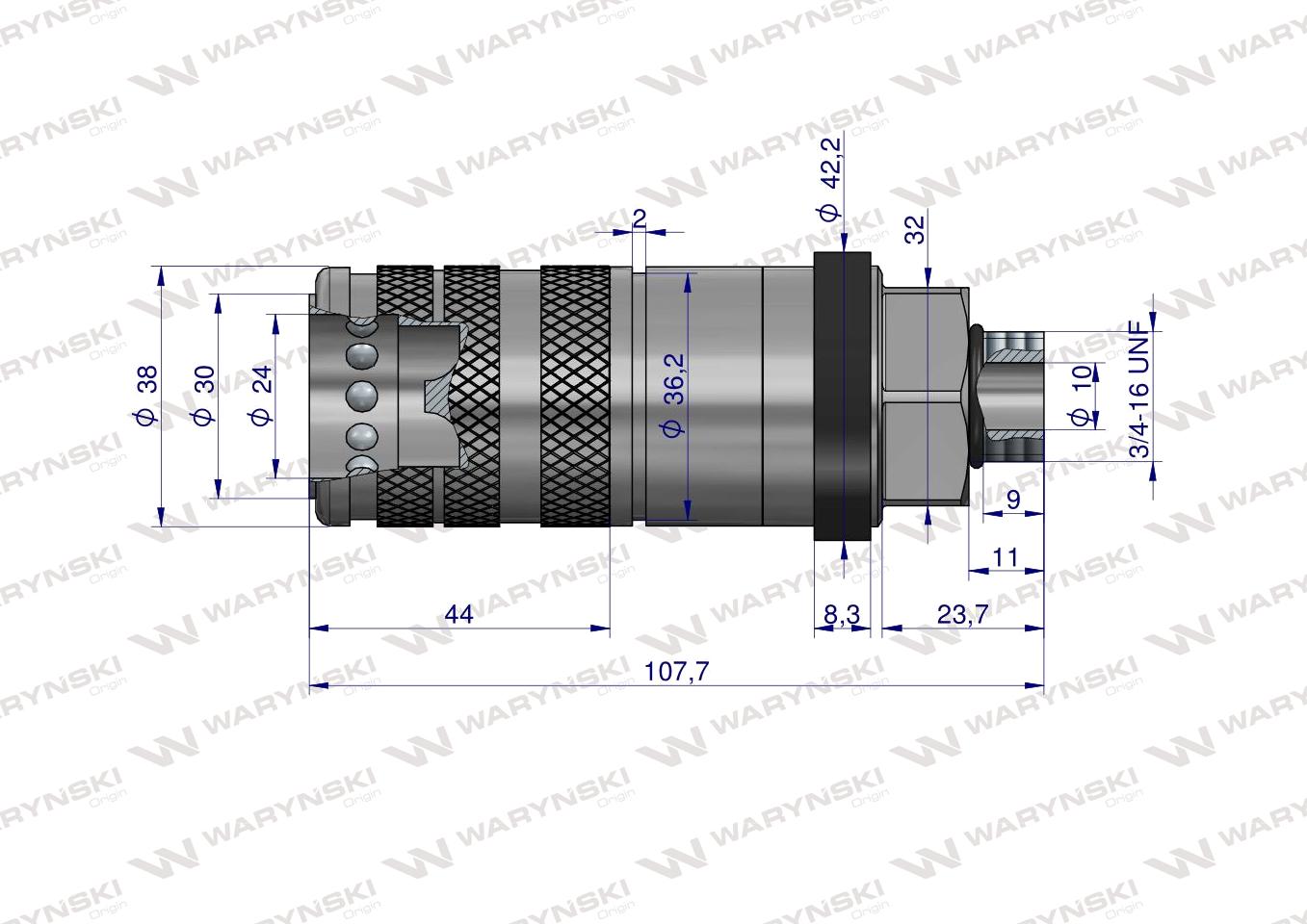 Szybkozłącze hydrauliczne zrywalne seria WIA3CV (3CFPV) 68 l/min gniazdo G3/4"UNF gwint zewnętrzny EURO PUSH-PULL (ISO 7241-A) Waryński