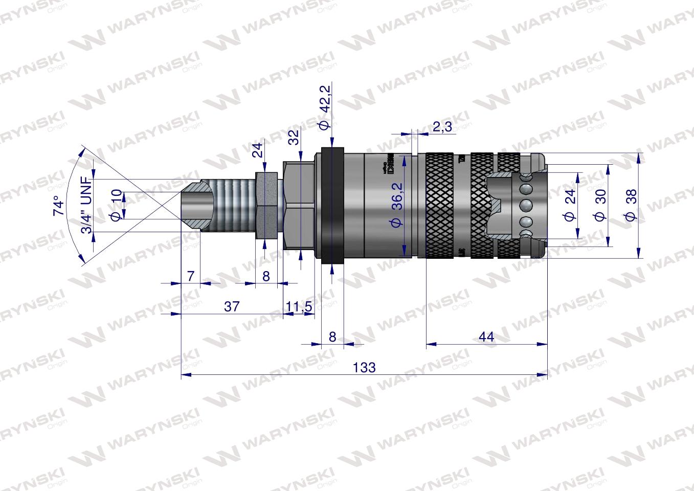 Szybkozłącze hydrauliczne zrywalne seria WIA3CV (3CFPV) 68 l/min gniazdo long 3/4" UNF gwint zewnętrzny EURO PUSH-PULL (ISO 7241-A) Waryński