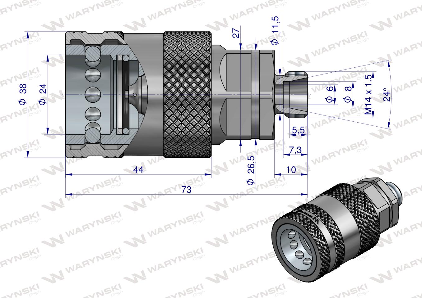 Szybkozłącze hydrauliczne gniazdo M14x1.5 gwint zewnętrzny EURO PUSH-PULL  (ISO 7241-A) z eliminatorem ciśnienia Waryński