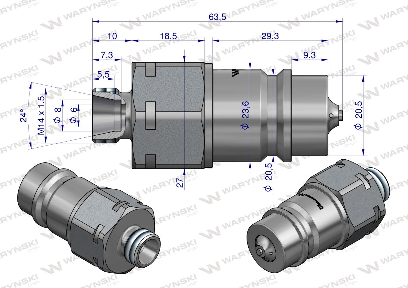 Szybkozłącze hydrauliczne wtyczka M14x1.5 gwint zewnętrzny EURO (ISO 7241-A) z eliminatorem ciśnienia Waryński