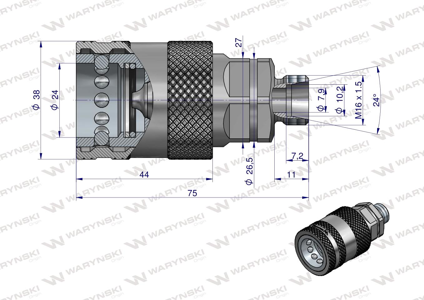 Szybkozłącze hydrauliczne gniazdo M16x1.5 gwint zewnętrzny EURO PUSH-PULL (9100816G) (ISO 7241-A) Waryński