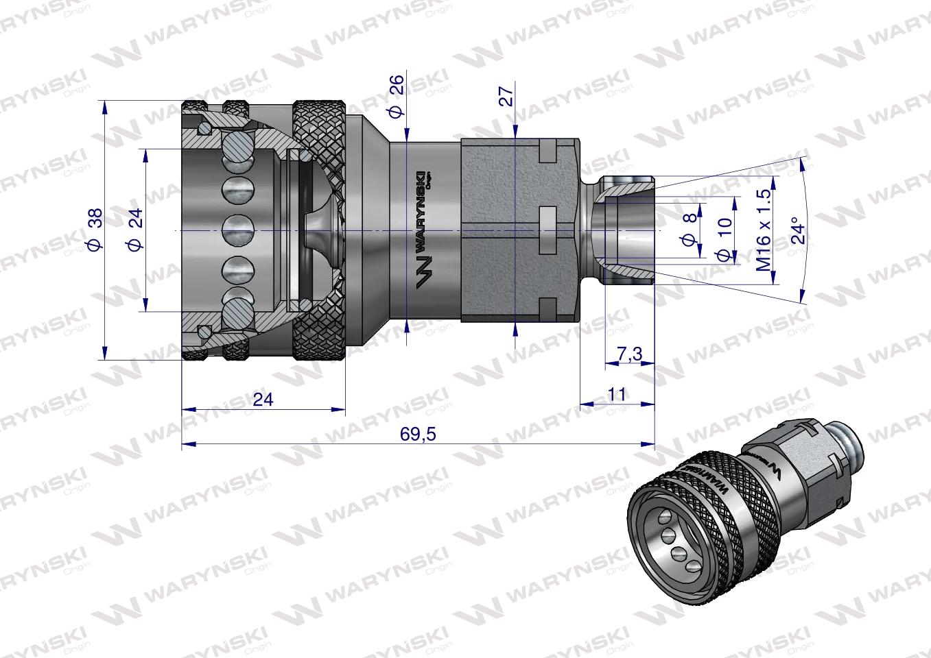 Szybkozłącze hydrauliczne gniazdo M16x1.5 gwint zewnętrzny EURO (9100816G) (ISO 7241-A) Waryński