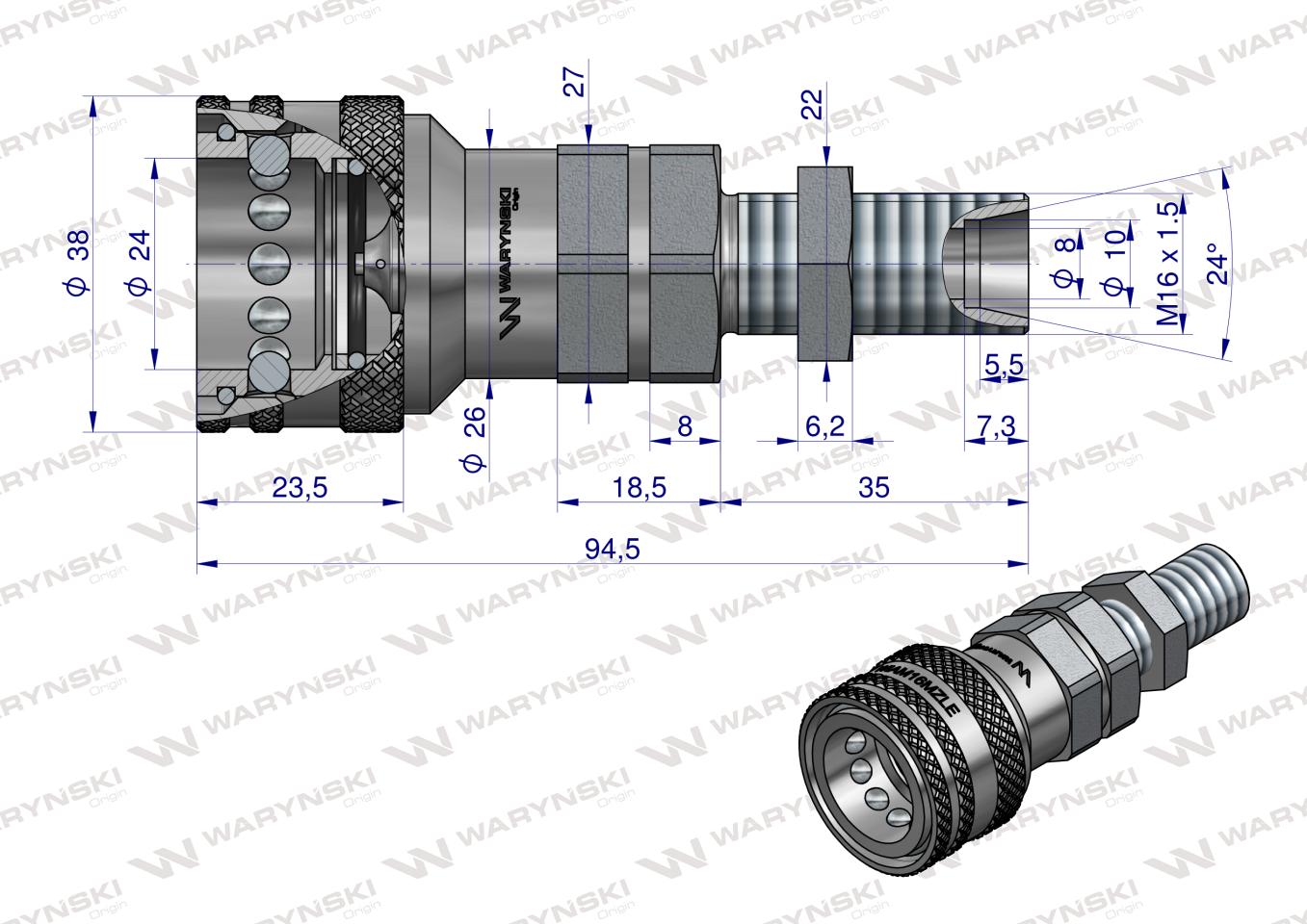Szybkozłącze hydrauliczne gniazdo long M16x1.5 gwint zewnętrzny EURO (ISO 7241-A) z eliminatorem ciśnienia Waryński