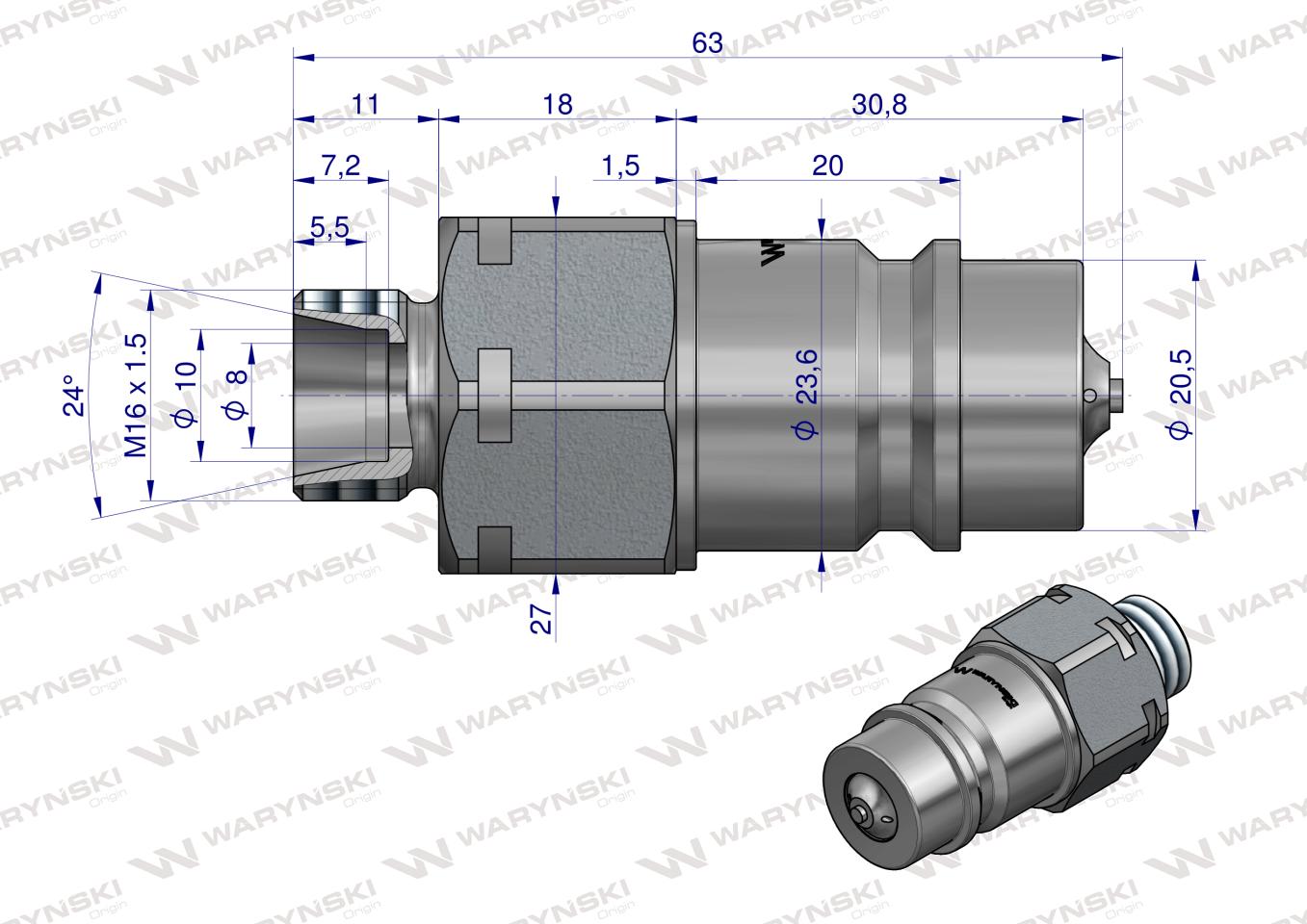 Szybkozłącze hydrauliczne wtyczka M16x1.5 gwint zewnętrzny EURO (9100816W) (ISO 7241-A) z eliminatorem ciśnienia Waryński